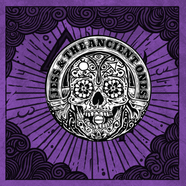 Round shape sleeve patch pic on purple background. Patch with text Jess & the Ancient Ones on up. Scull in the middle.